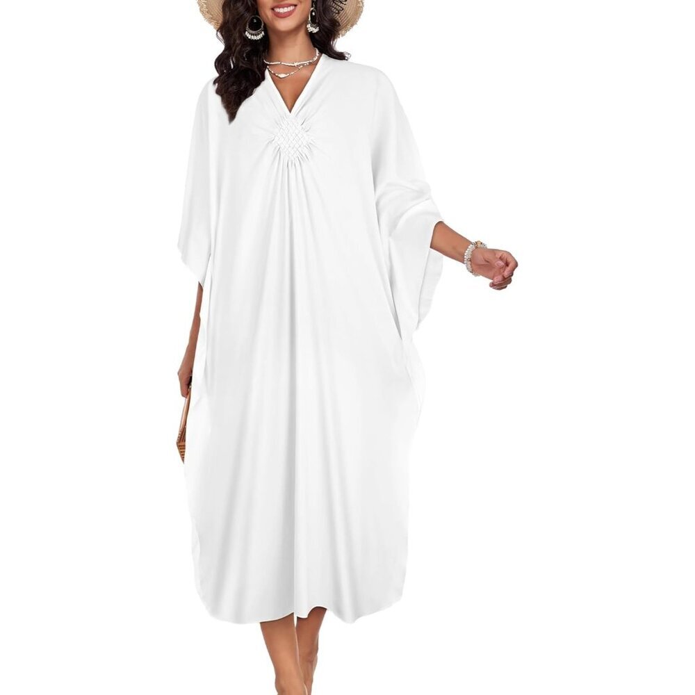 Womens White V-Neck Batwing Sleeves Summer Beach Smocked Waist Maxi Kaftan Dress - Picture 4 of 6